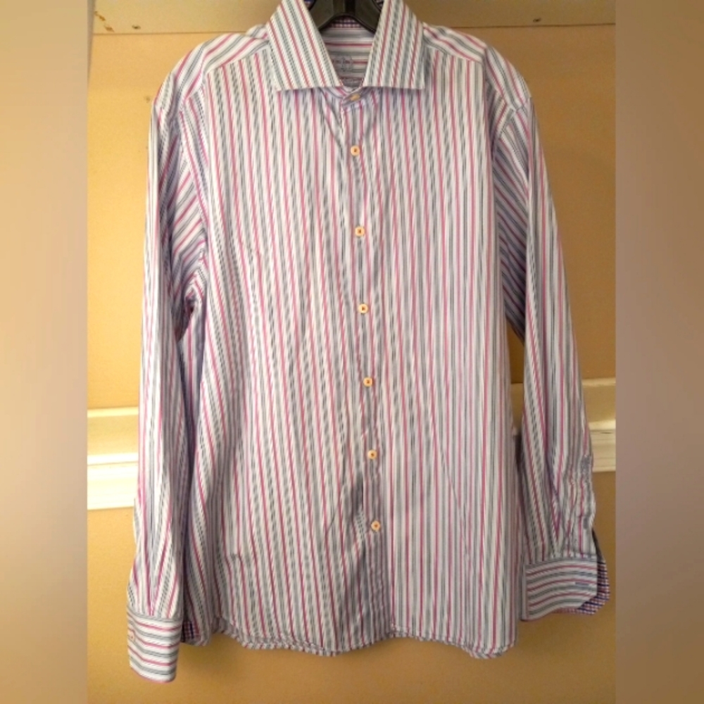 Bugatchi Mens Pink/blue Striped Longsleeve dress Shirt Size 16 1/2 (34-35)